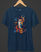 Navy blue t-shirt with a colorful graphic design on a wooden hanger against a dark background